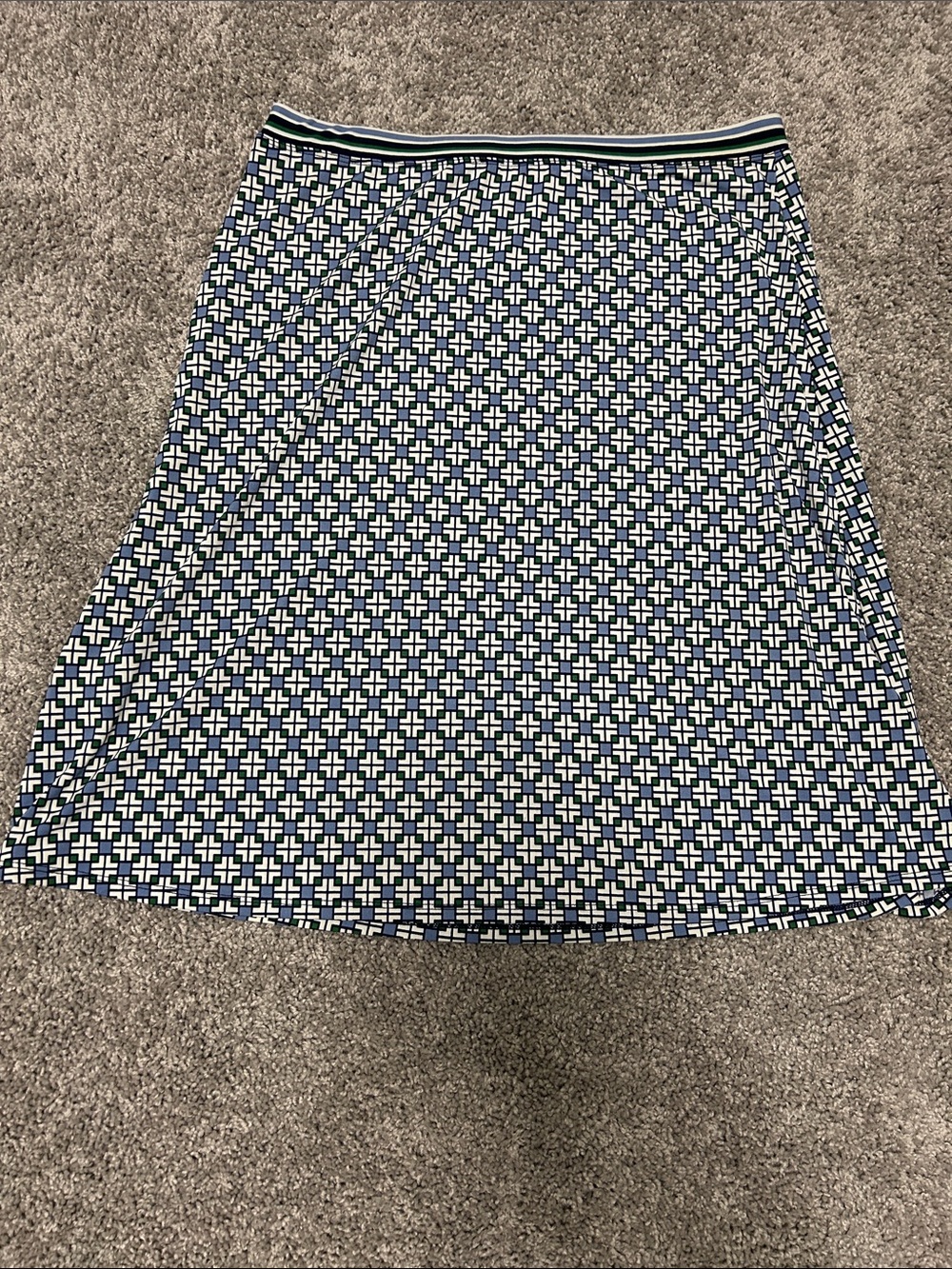 Max Studio Navy and White Geometric A-Line Skirt with Striped Waistband